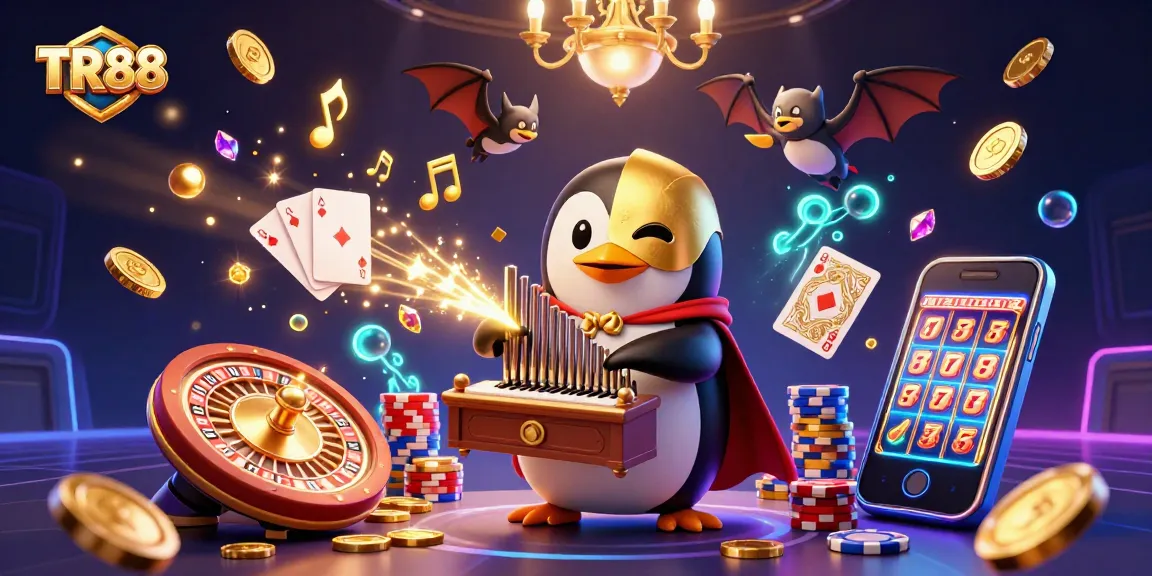 Experience TR88's thrilling casino world with golden coins, a vibrant roulette wheel, and lively characters.