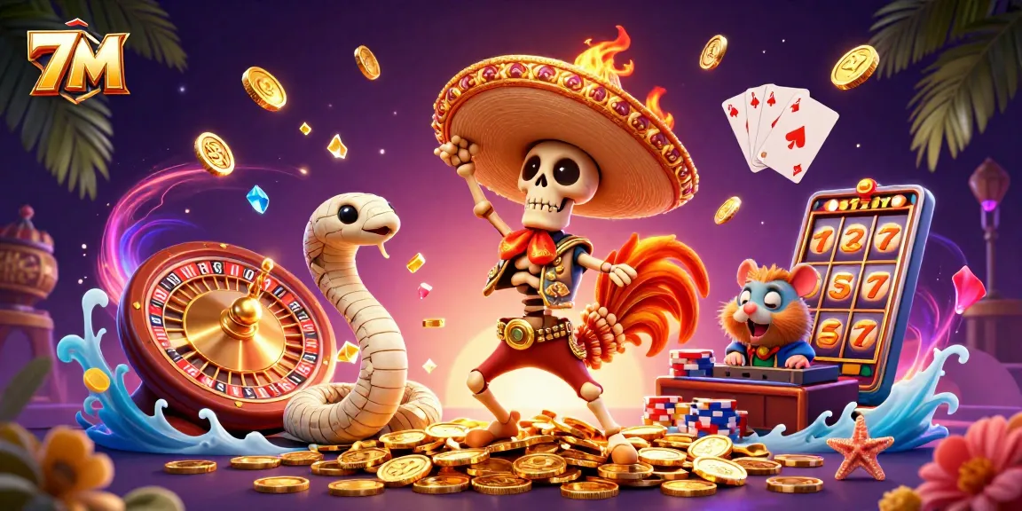 Join the 7M victory dance with fun characters celebrating casino winnings amidst vibrant gaming elements.