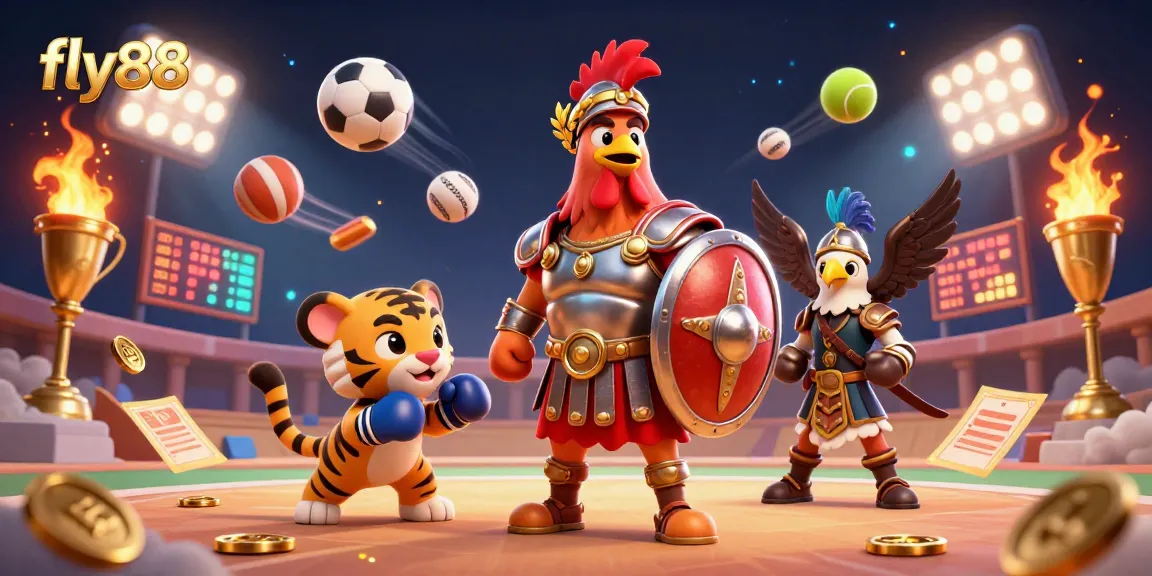 Experience fly88's thrilling betting action with a vibrant 3D scene showcasing a rooster gladiator amidst sports elements.