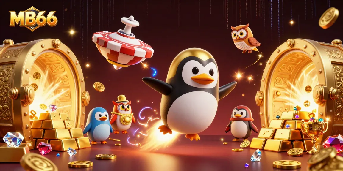 MB66 players experience excitement with a golden penguin soaring towards a vibrant casino space station.