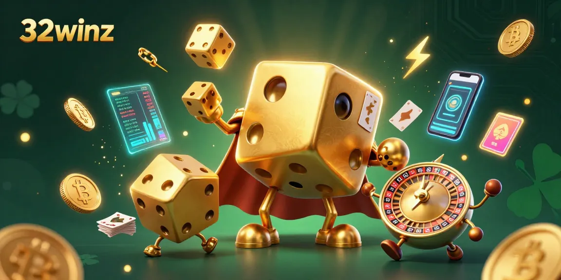 Experience the thrilling world of 32winz with exciting golden dice and animated cryptocurrency elements.