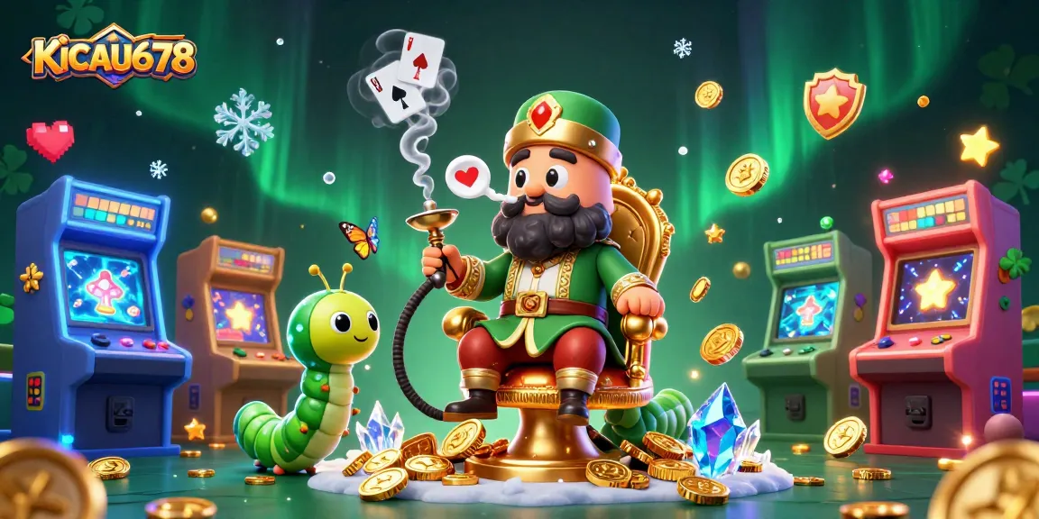 KICAU678 showcases a vibrant 3D illustration featuring a caterpillar in a casino setting with poker symbols.