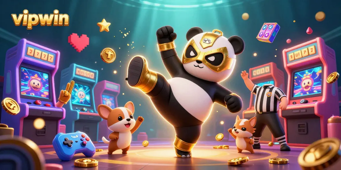 Experience the excitement at vipwin with vibrant arcade games and charming animal characters in a lively casino scene.