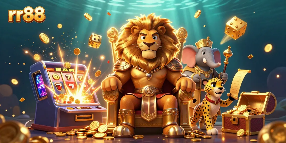 Experience thrilling moments at rr88 with a vibrant 3D casino scene featuring a lion king amidst jackpot excitement.