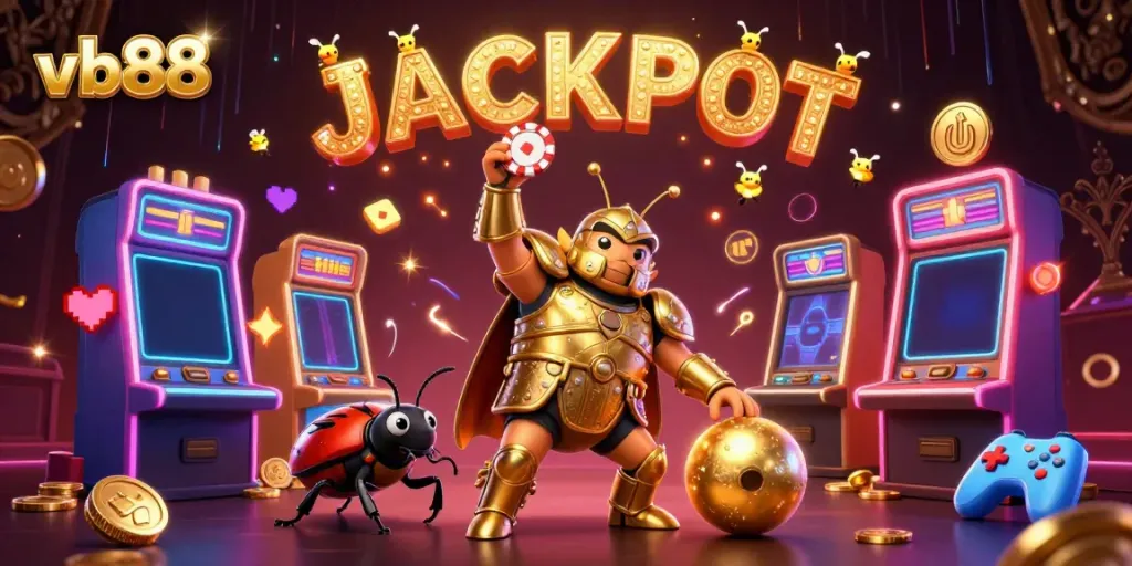Join the excitement at vb88 with a triumphant beetle lifting a poker chip amidst vibrant casino elements.