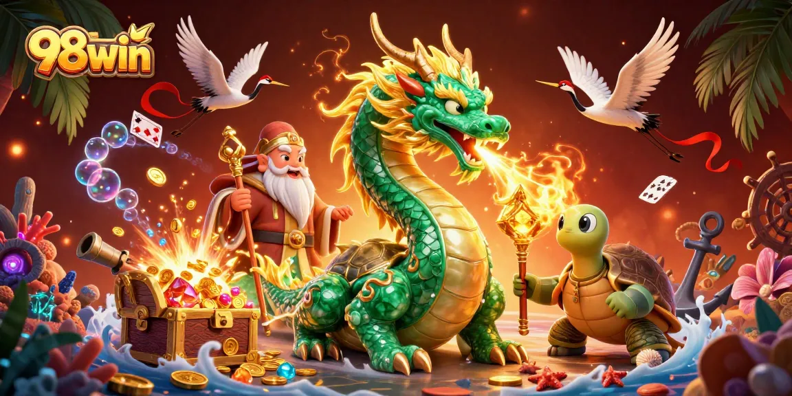 Experience gaming excitement with 98win in a dynamic 3D jungle scene filled with casino treasures.