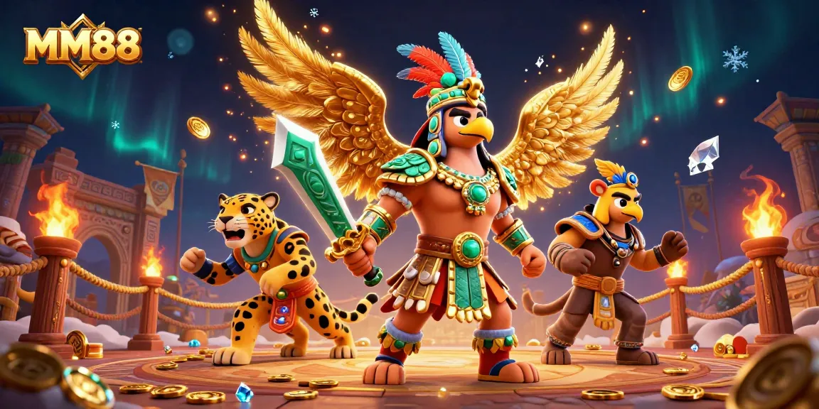 Experience thrilling gameplay at MM88 with an Aztec warrior and casino elements in an exciting 3D scene.