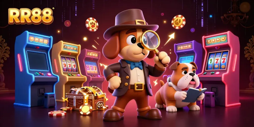 Experience the excitement of RR88 with a 3D detective scene exploring casino treasures and games.