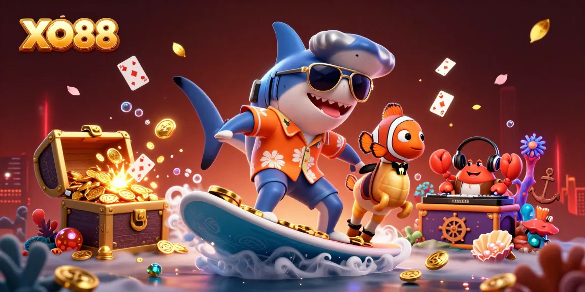 Surf the wave of gold coins at XO88 with our playful cartoon characters in this fun casino illustration!