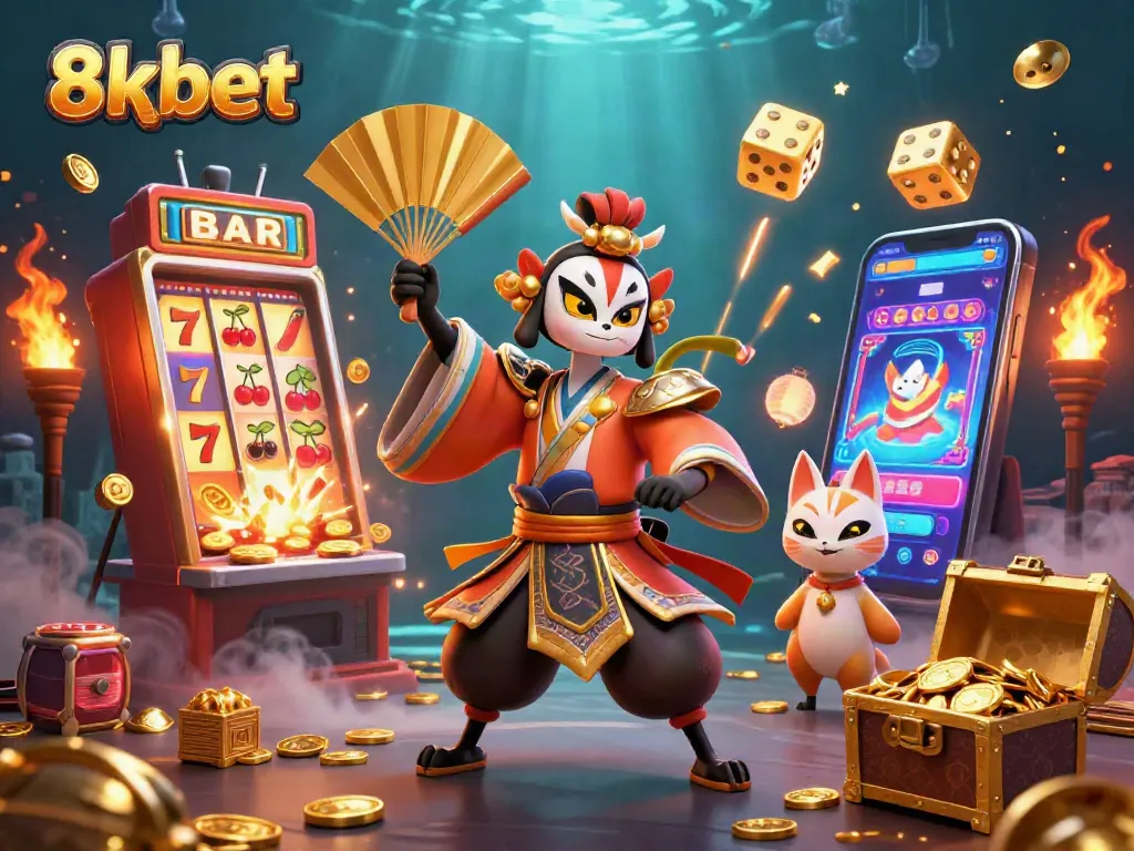 Engage players with 8xbet's vibrant 3D casino illustration showcasing dynamic slot action and a captivating design.