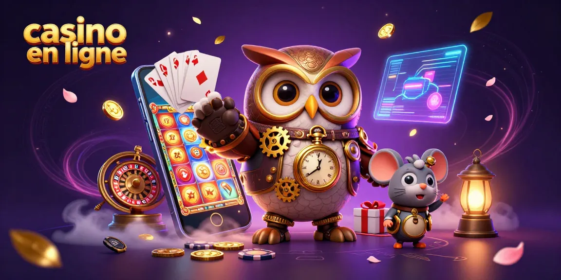 Plongez dans l'univers du casino en ligne avec un hibou voyageur futuriste et un compagnon enrouleurs.