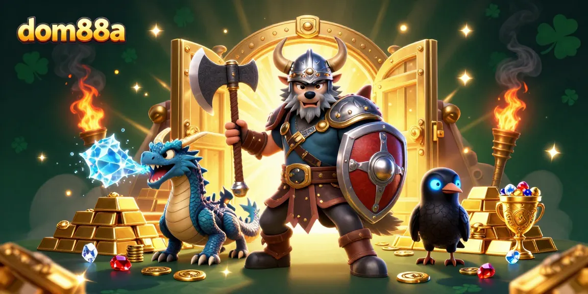 Join the excitement at dom88a with a Viking wolf warrior, fierce dragon, and raven amidst treasure and casino elements.