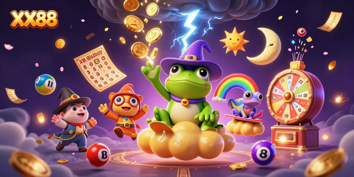 Experience the excitement at XX88 with a magical storm of golden coins and vibrant lottery elements.