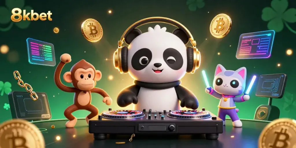 Experience the excitement of 8kbet with a DJ panda spinning roulette wheels and vibrant casino atmosphere