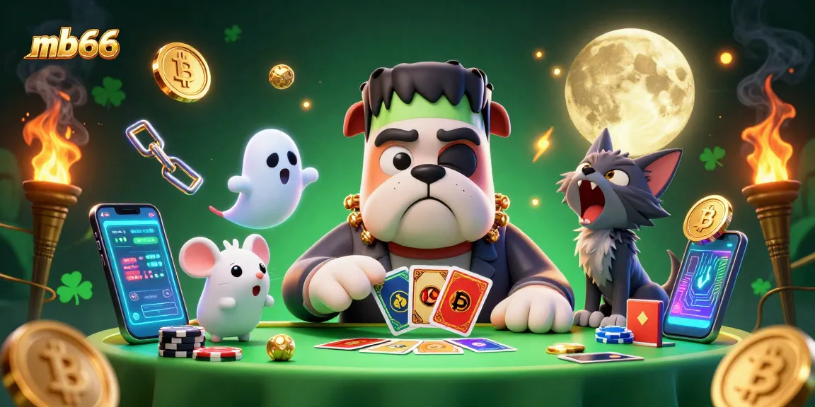 Engage in thrilling gameplay at mb66 with a whimsical card-dealing monster amidst glowing coins.