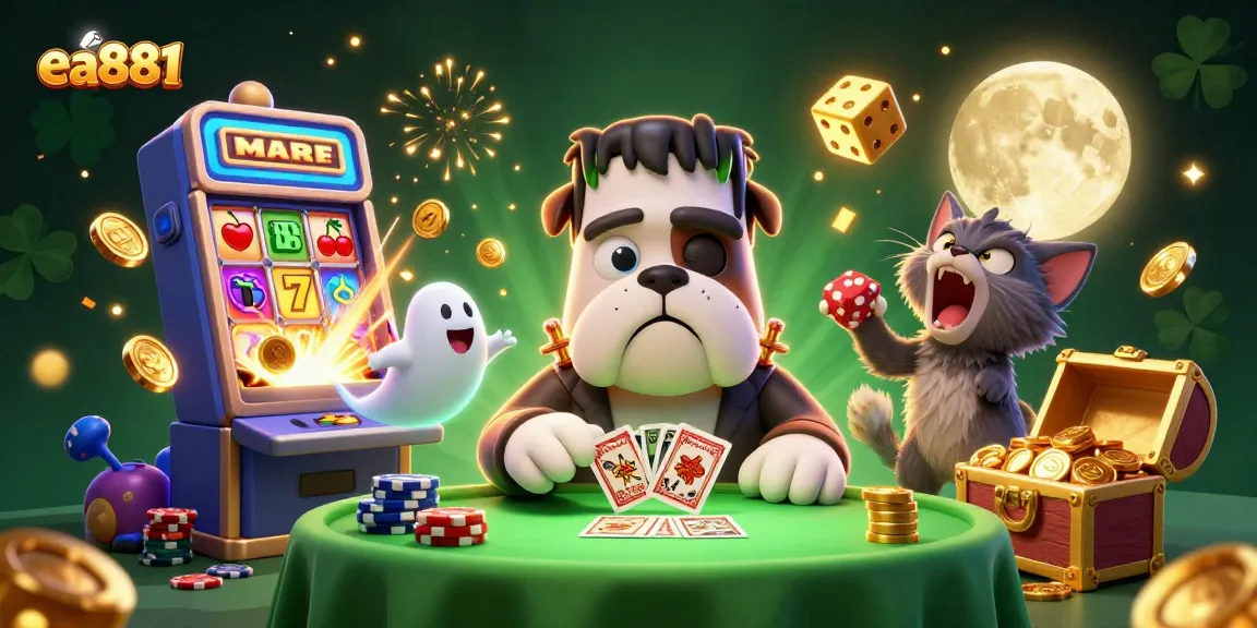 ea881 enhances your gaming experience with a vibrant scene featuring a monster dealing cards amid a jackpot explosion.