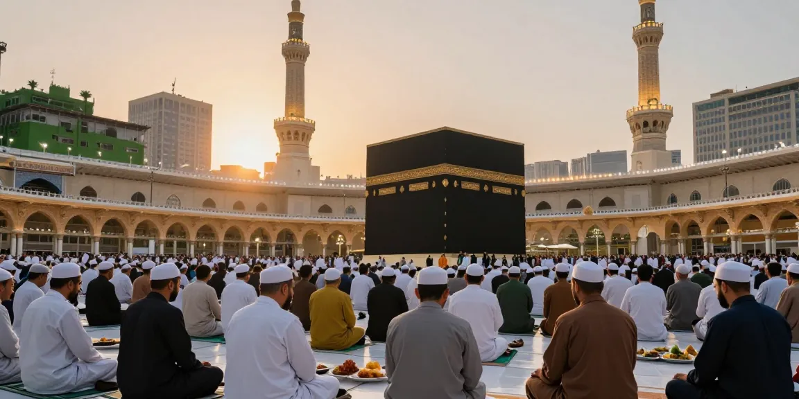 Experience umroh ramadhan with a serene gathering of pilgrims at Masjidil Haram, indulging in spiritual tourism.