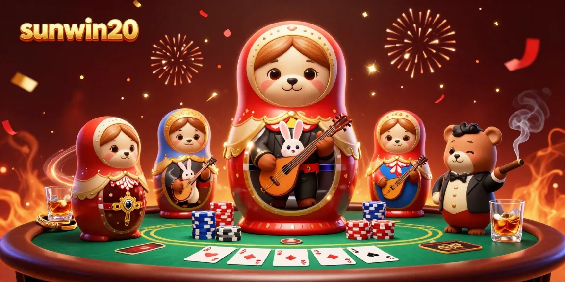 Experience excitement at sunwin20 with a vibrant casino scene featuring playful characters and poker elements.