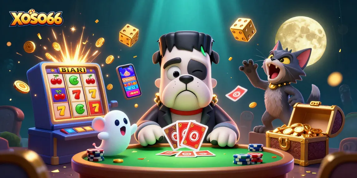 XOSO66 brings excitement with a fun 3D casino scene featuring characters and vibrant slots.