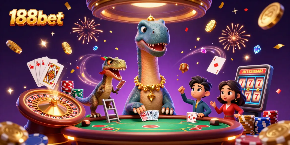 Engage with 188bet's dynamic casino experience featuring a playful cartoon brontosaurus and raptor.