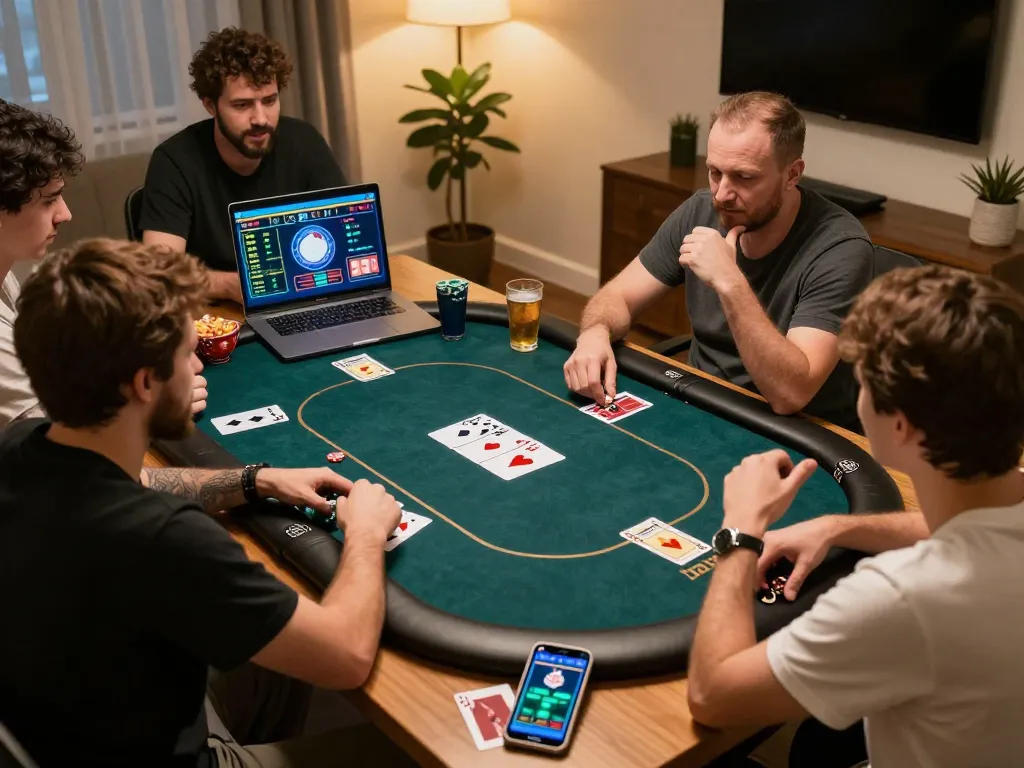 Players engaging in an online poker game with 8day app on screen