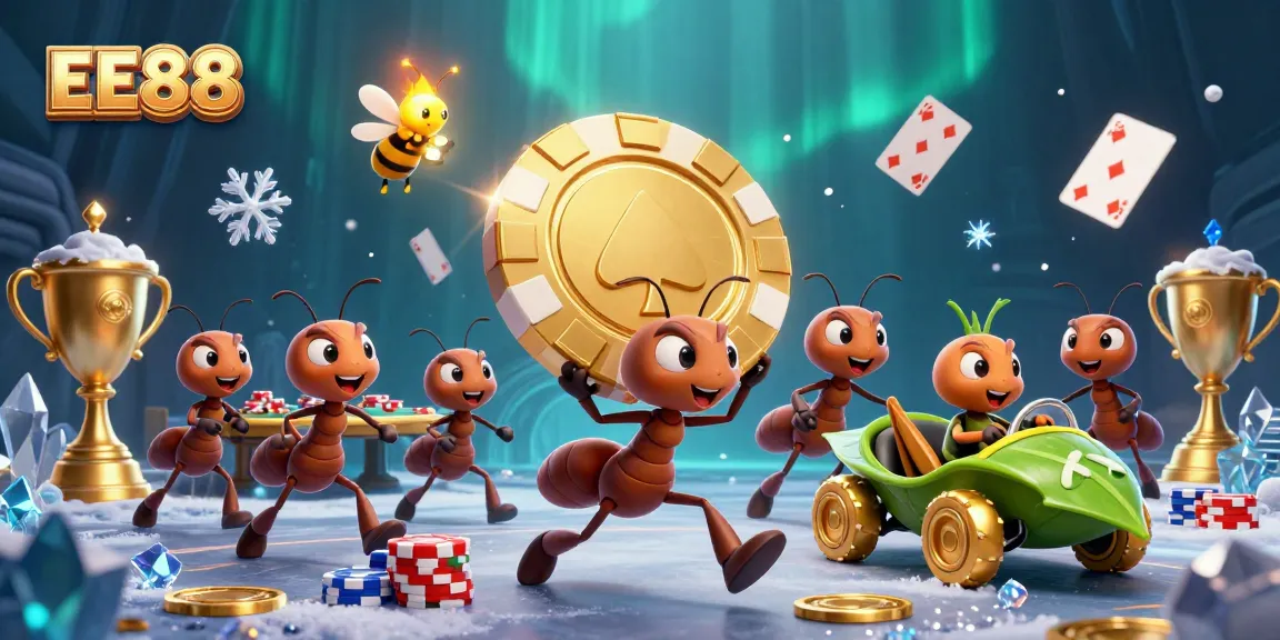 Experience the excitement of poker and gaming with EE88's stunning heist illustration featuring vibrant 3D elements.