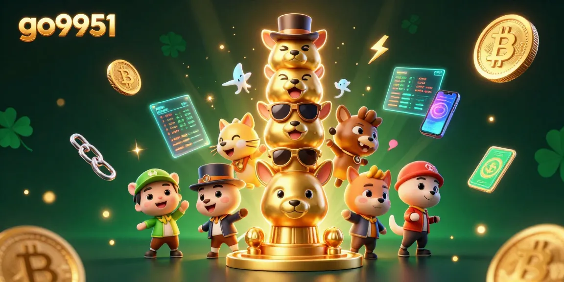 Experience the excitement of go9951 with vibrant 3D casino elements and cryptocurrency coins.