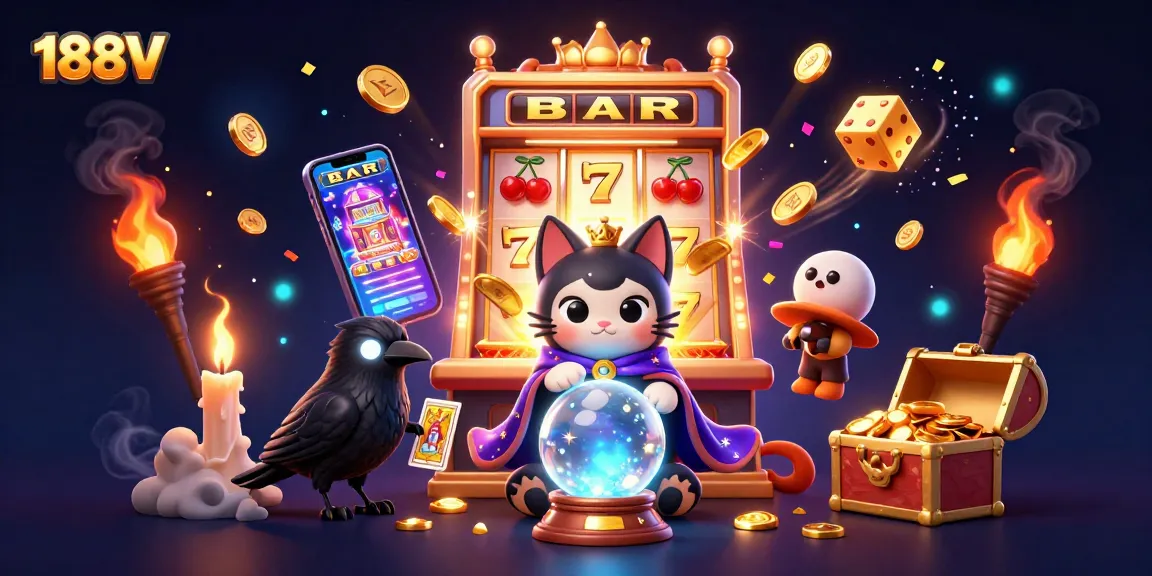 Experience thrilling gaming at 188V with a mystical theme, featuring slot machines and vibrant casino elements.