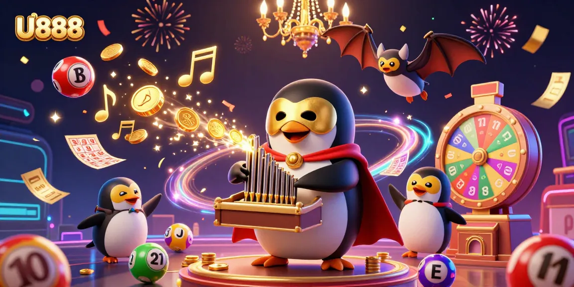 U888 brings excitement alive with a captivating 3D digital illustration showcasing a penguin player and vibrant gambling elements.