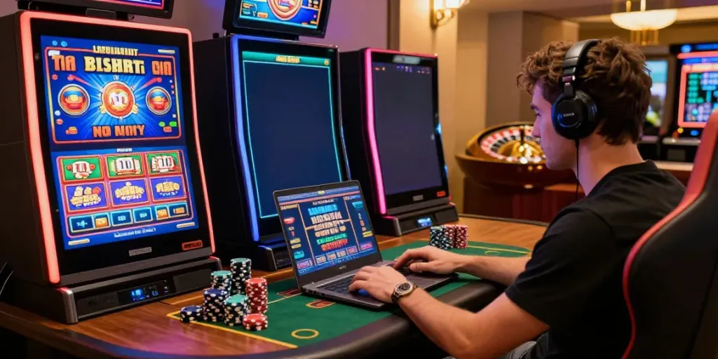 Casino bonus sans depot experience with a player enjoying online gaming at home.