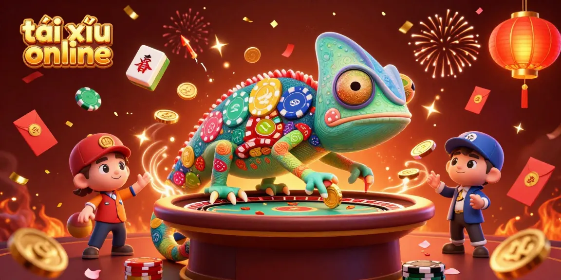 Experience the excitement of tài xỉu online with a vibrant gaming scene featuring a chameleon casino owner and dynamic decorations.