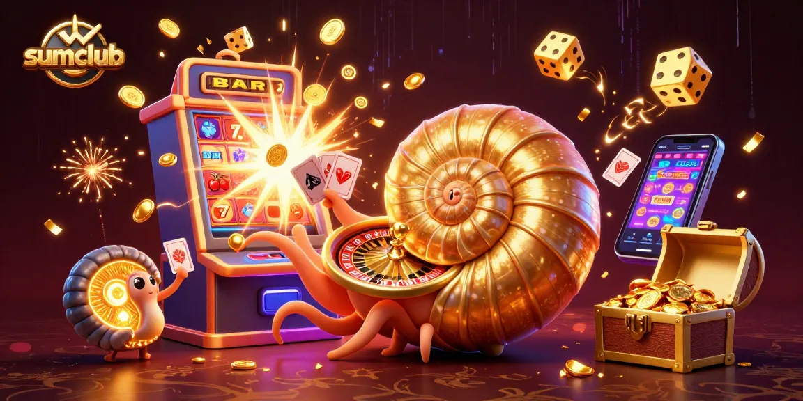 Experience excitement at sumclub with a vibrant casino scene featuring a 3D nautilus roulette wheel, cards, and slot machine