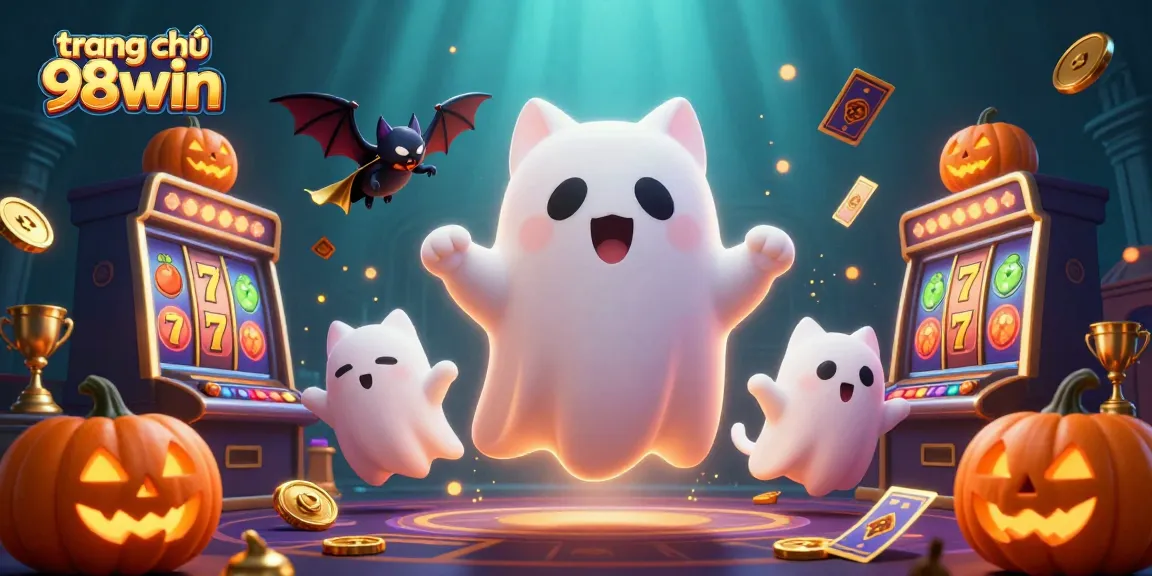 Experience the excitement at trang chủ 98win with an enchanting ghost cat and bat amidst glowing jackpot slots.