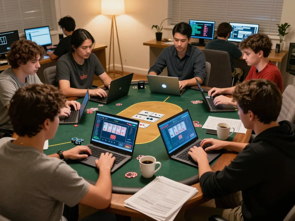 Players engaging in online poker gameplay at home, showcasing strategic moves in 79win sessions.