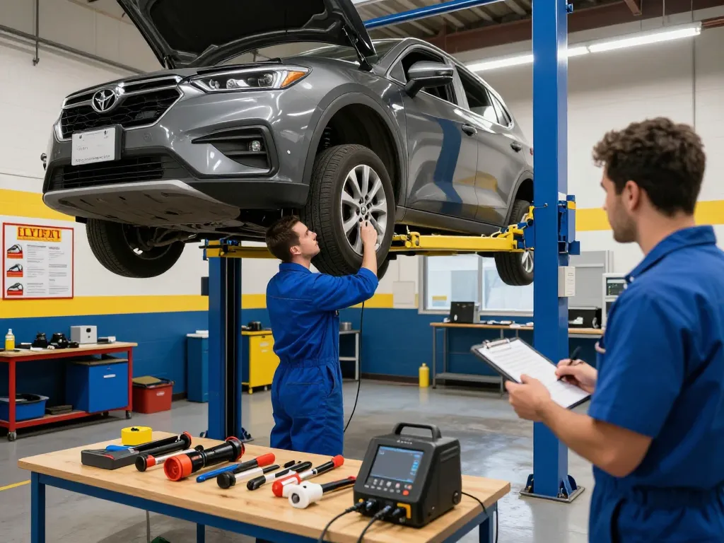 Technician conducting a Lyft inspection in a bright automotive garage, showcasing vehicle safety standards.