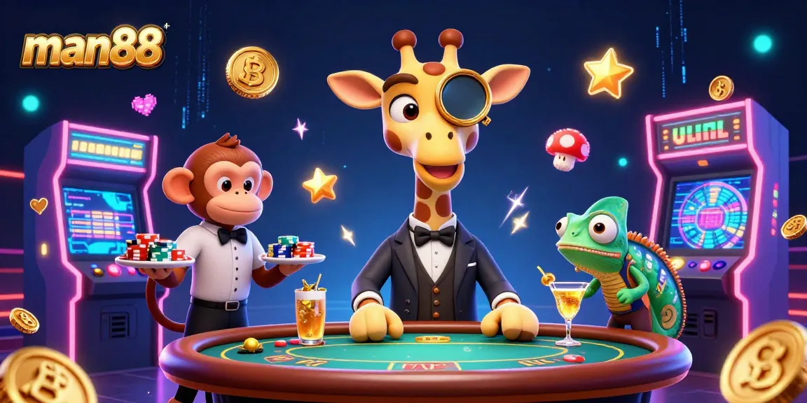 Experience thrilling gaming at man88 with a high-roller giraffe, monkey valet, and chameleon bartender in a colorful casino scene.