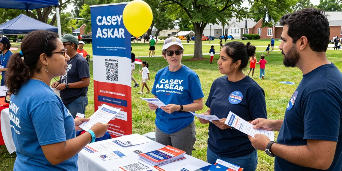 Engaged community members discussing Casey Askar's campaign at a vibrant gathering.