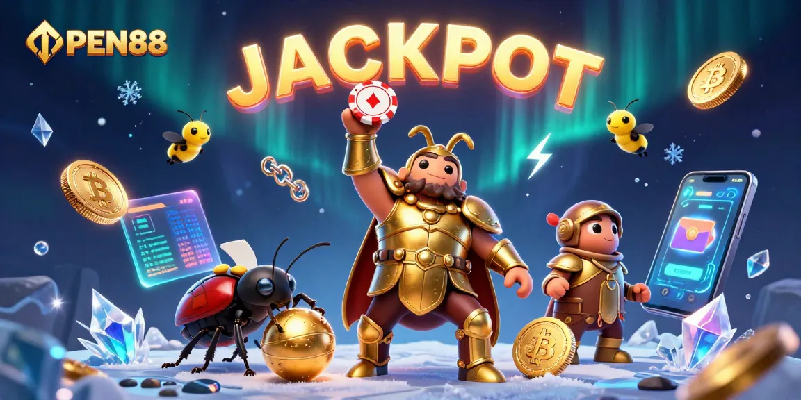 Engage with OPEN88's thrilling gameplay as a 3D hercules beetle lifts a poker chip victoriously amidst vibrant casino elements.