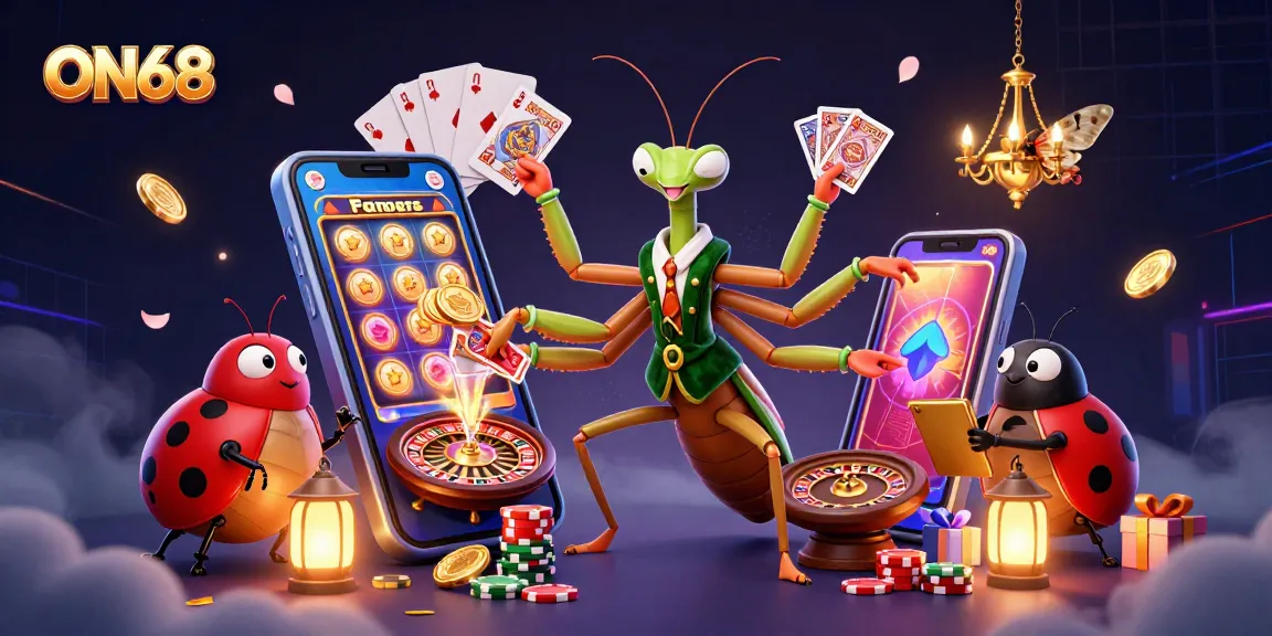 Engage with ON68's dynamic casino scene featuring a giant mantis dealing cards alongside vibrant games.