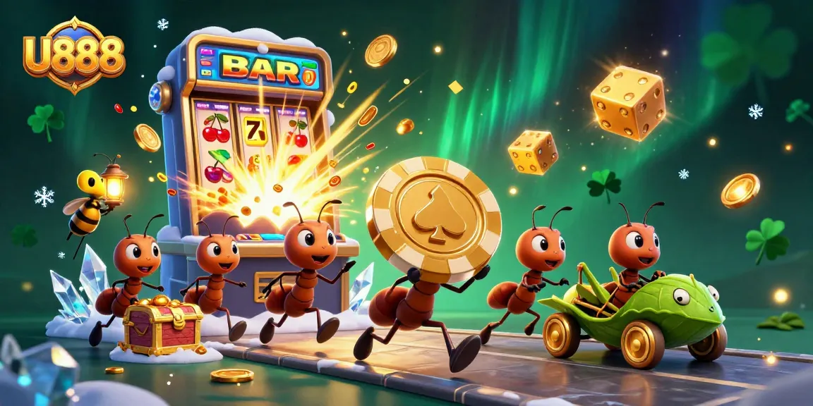 U888 heist illustration with ants and a grasshopper in a dynamic casino scene.