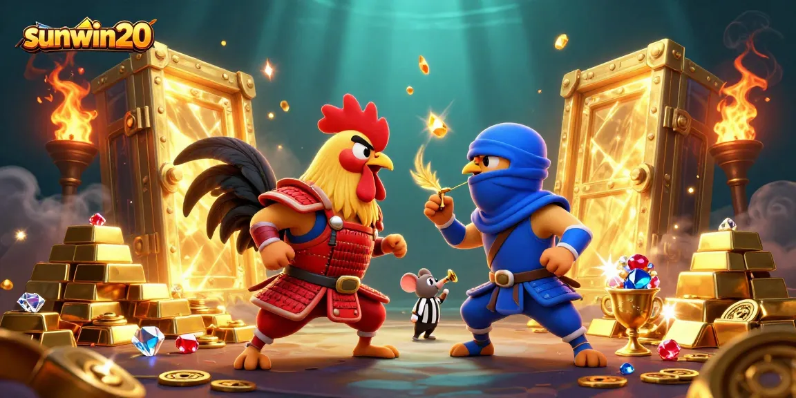 Experience thrilling moments at sunwin20 with fighting roosters and treasure vault elements in a vibrant casino setting.