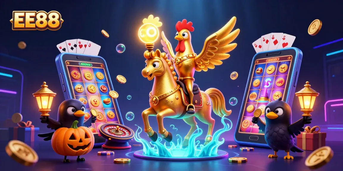 Experience exciting gameplay at EE88 with a golden rooster character amidst vibrant casino elements.
