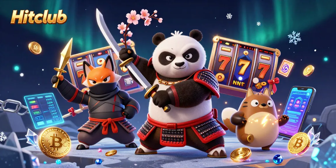 Hitclub invites players to experience thrilling jackpots with a dynamic samurai panda and fox in a vibrant casino atmosphere.