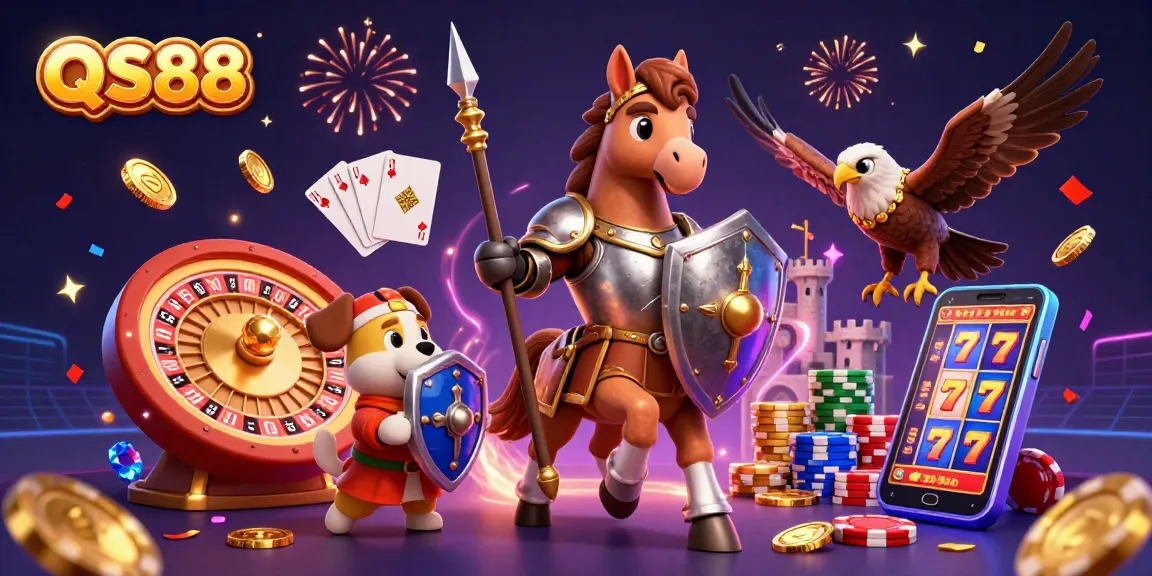 Engage with QS88 in an electrifying casino scene featuring a knight, squire, and falcon amidst dazzling game elements.