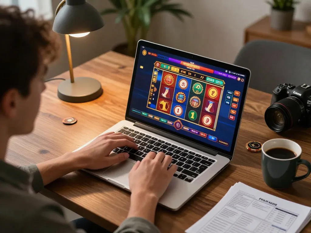 Playing casino games to tải sunwin on a laptop, with warm lighting and cozy atmosphere.