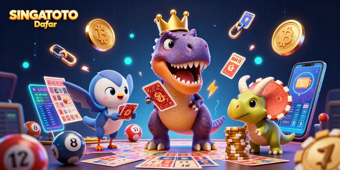 Gambar ilustrasi 3D SINGATOTO Daftar dengan T-Rex dan teman-temannya bermain lotere dan mengumpulkan koin digital.