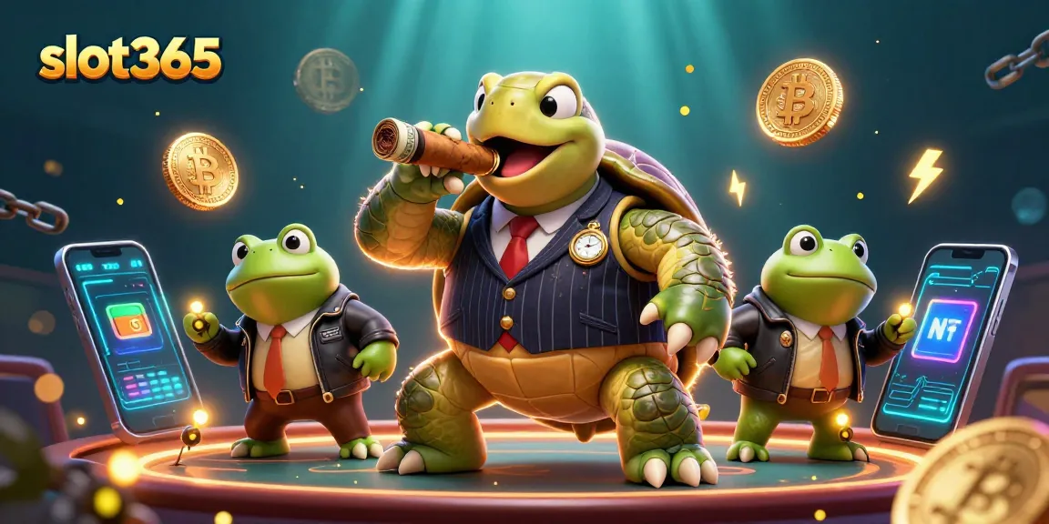 Win big at slot365 with a snapping turtle mobster and bullfrog enforcers in a vibrant casino scene.