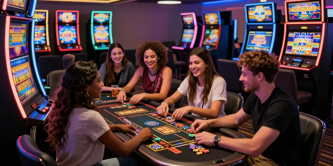 Engaging gaming experience at GARUDA303 with friends enjoying vibrant slot machines in a lively lounge.