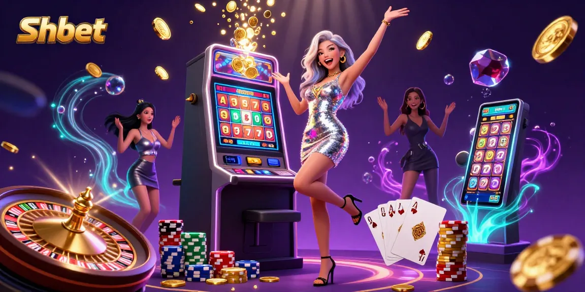 Join the excitement at Shbet as vibrant coins cascade from a jackpot slot machine in a dazzling casino scene.
