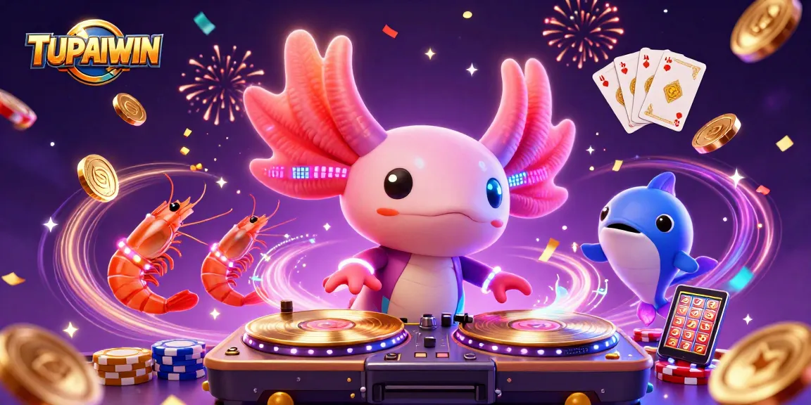 TUPAIWIN menciptakan suasana meriah dengan DJ axolotl neon yang memutar musik sambil dikelilingi koin emas dan kartu bermain.